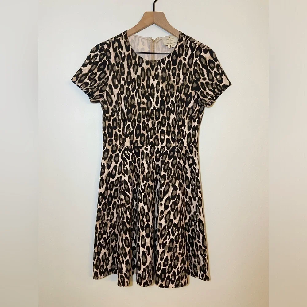 Kate Spade Short Sleeve Round Neck Autumn Leopard Knit Fit-Flare Dress Sz 4